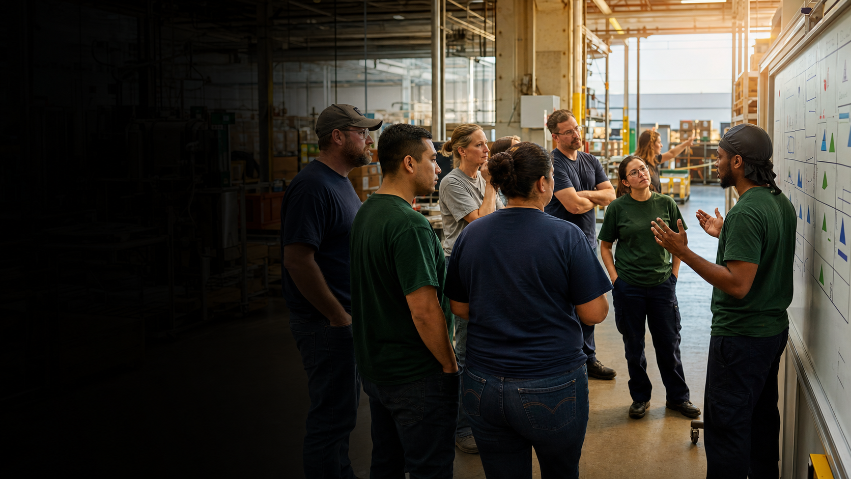 Cross-functional coworkers in a production and warehouse space listening as a teammate leads a working discussion at a planning board.